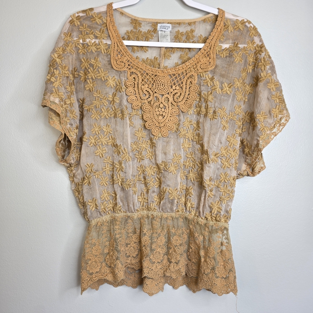 Y2k charming Charlie brown boho lace peplum style top sz S